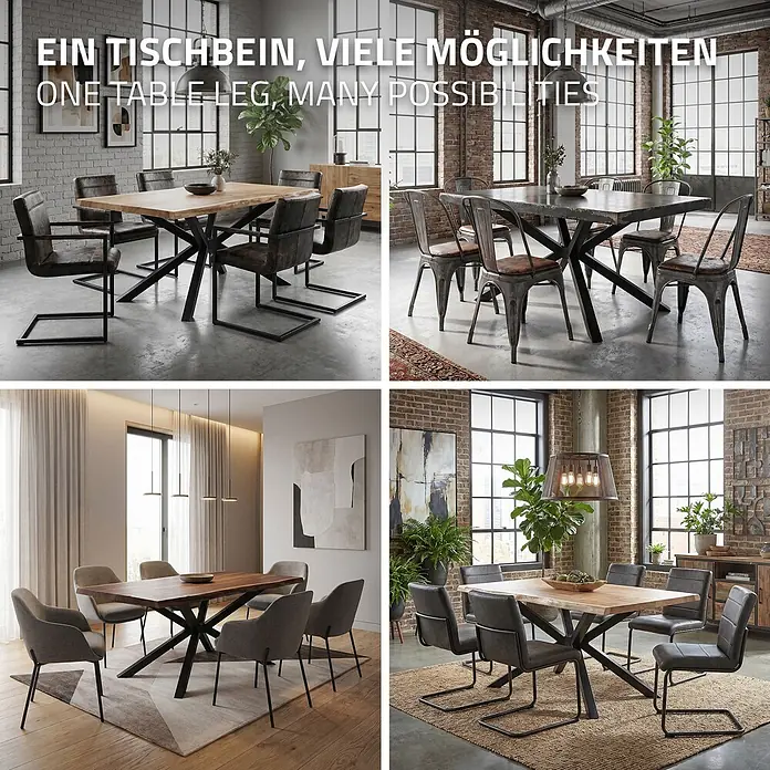 ML-Design Tischgestell Tischfüße X-Form Tischkufen Stahl Untergestell Möbelfüße 120x78x72 cm - L x B x H: 120 x 78 x 71,5 cm, Traglast: 500 kg, Stahl - Esstisch mit schwarzem Metall-X-Untergestell, in verschiedenen Umgebungen mit unterschiedlichen Platten und Stühlen dargestellt.