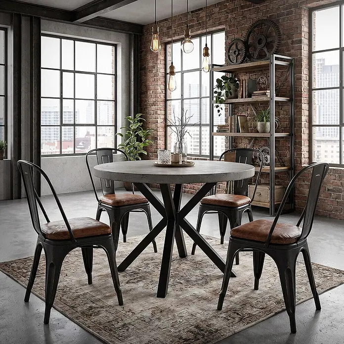 ML-Design Tischgestell Tischbeine Metall Schwarz Tischgestell Spider Outdoor wetterfest - L x B x H: 94,5 x 94,5 x 73 cm, Traglast: 500 kg, Stahl - Industrielles Esszimmer-Set: runder Betontisch mit schwarzem Metall-Sterngestell und vier Stühlen aus schwarzem Metall mit braunen Kunstledersitzen.