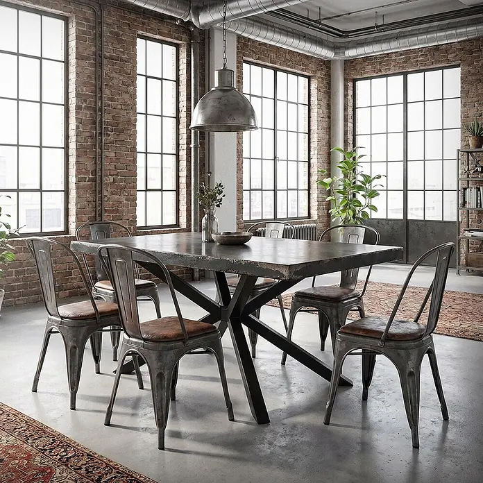 ML-Design Tischgestell Tischfüße X-Form Tischkufen Stahl Untergestell Möbelfüße 120x78x72 cm - L x B x H: 120 x 78 x 71,5 cm, Traglast: 500 kg, Stahl - Industrieller Esstisch mit dunkler Metallplatte und X-Gestell, umgeben von passenden Metallstühlen mit braunen Ledersitzen in Loft-Umgebung.