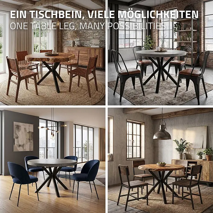 ML-Design Tischgestell Tischbeine Metall Schwarz Tischgestell Spider Outdoor wetterfest - L x B x H: 94,5 x 94,5 x 73 cm, Traglast: 500 kg, Stahl - Vielseitiger Esstisch mit schwarzem sternförmigem Metallgestell, gezeigt mit verschiedenen runden Tischplatten und Stühlen in Interieurs.