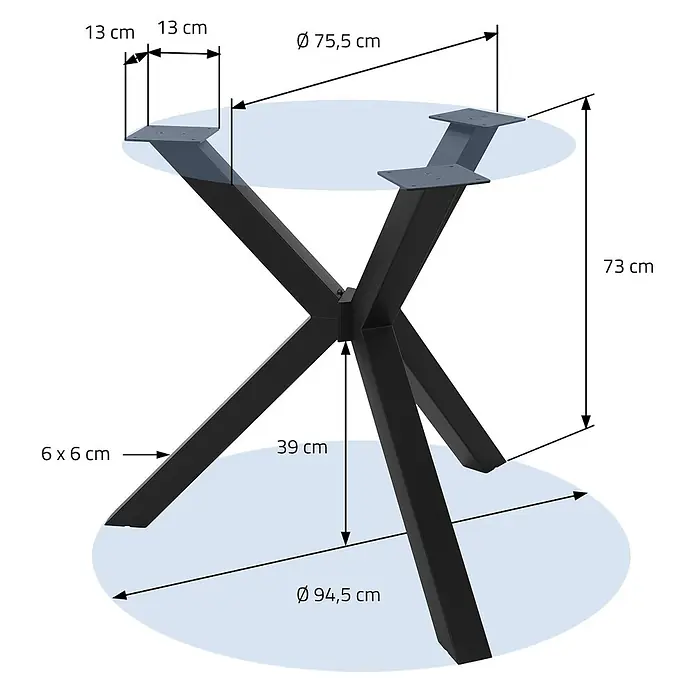 ML-Design Tischgestell Tischbeine Metall Schwarz Tischgestell Spider Outdoor wetterfest - L x B x H: 94,5 x 94,5 x 73 cm, Traglast: 500 kg, Stahl - Schwarz lackiertes Metall-Tischgestell in Sternform mit runder, transparenter Tischplatte, Maße angezeigt.