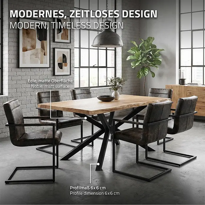 ML-Design Tischgestell Tischfüße X-Form Tischkufen Stahl Untergestell Möbelfüße 120x78x72 cm - L x B x H: 120 x 78 x 71,5 cm, Traglast: 500 kg, Stahl - Modernes Esszimmer-Set mit einem Massivholztisch mit Baumkante und schwarzen Metallbeinen, dazu sechs dunkelbraune Sesselstühle mit Metallgestell.