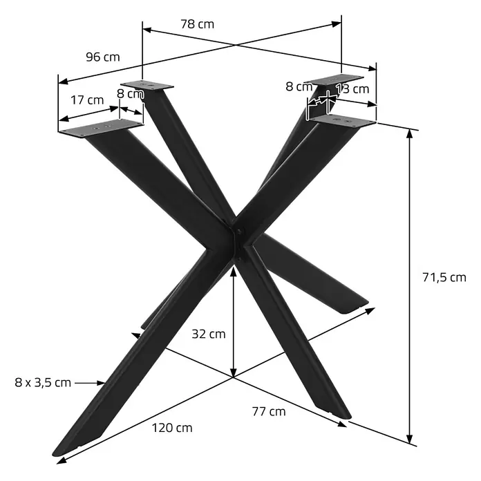 ML-Design Tischgestell Tischfüße X-Form Tischkufen aus Stahl Möbelfüße 120x78x71,5 cm Oval - L x B x H: 120 x 78 x 71,5 cm, Traglast: 500 kg, Stahl - Schwarzes sternförmiges Tischgestell aus Metall mit Maßen.