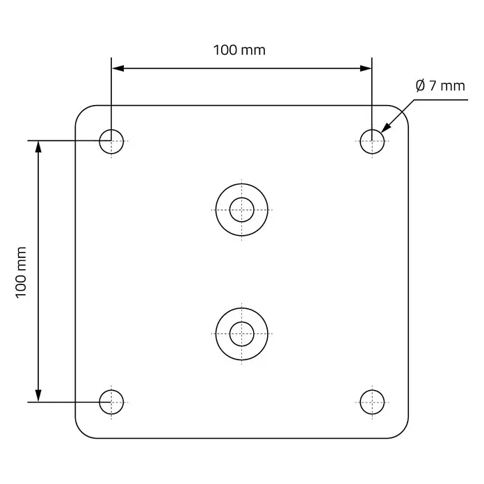 ML-Design Tischgestell Tischbeine Metall Schwarz Tischgestell Spider Outdoor wetterfest - L x B x H: 94,5 x 94,5 x 73 cm, Traglast: 500 kg, Stahl - Technische Zeichnung einer 100x100mm quadratischen Platte mit vier 7mm Ecklöchern und zwei zentralen Befestigungslöchern.