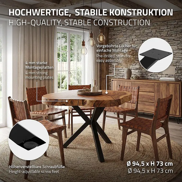 ML-Design Tischgestell Tischbeine Metall Schwarz Tischgestell Spider Outdoor wetterfest - L x B x H: 94,5 x 94,5 x 73 cm, Traglast: 500 kg, Stahl - Runder Holztisch mit Metallgestell und Stühlen in einem Esszimmer. Fokus auf robuste Montageplatten, vorgebohrte Löcher, höhenverstellbare Füße und Maße.