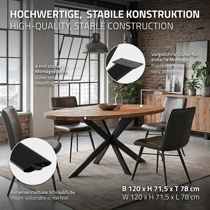 ML-Design Tischgestell Tischfüße X-Form Tischkufen aus Stahl Möbelfüße 120x78x71,5 cm Oval - L x B x H: 120 x 78 x 71,5 cm, Traglast: 500 kg, Stahl - Ovaler Esstisch aus Holz mit schwarzen Spinnenbeinen in modernem Ambiente. Er hat eine stabile Konstruktion und höhenverstellbare Füße.