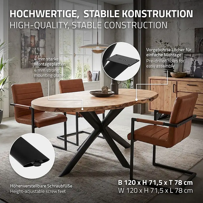 ML-Design Tischgestell Tischfüße X-Form Tischkufen aus Stahl Möbelfüße 120x78x71,5 cm Flach - L x B x H: 120 x 78 x 71,5 cm, Traglast: 500 kg, Stahl - Ovaler Massivholz-Esstisch mit schwarzem Metall-Spinnengestell im Esszimmer, der hochwertige Konstruktion und verstellbare Füße hervorhebt.