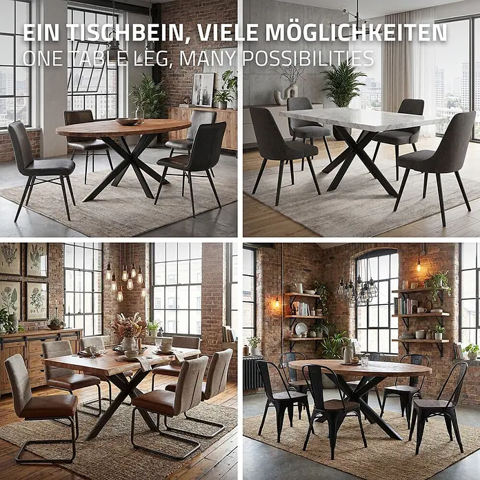 ML-Design Tischgestell Tischfüße X-Form Tischkufen aus Stahl Möbelfüße 120x78x71,5 cm Oval - L x B x H: 120 x 78 x 71,5 cm, Traglast: 500 kg, Stahl - Esstisch mit vielseitigem schwarzem Sternfuß, präsentiert mit Holz- und Marmorplatten in verschiedenen Umgebungen.