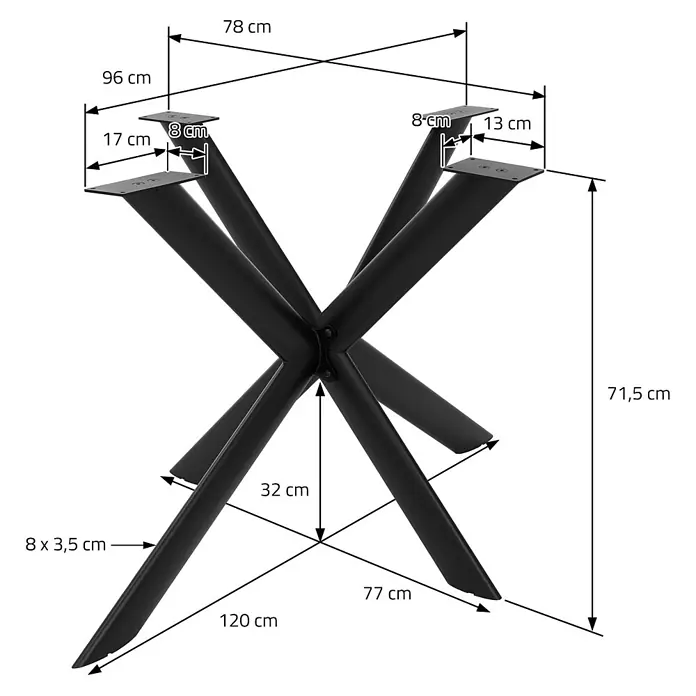 ML-Design Tischgestell Tischfüße X-Form Tischkufen aus Stahl Möbelfüße 120x78x71,5 cm Flach - L x B x H: 120 x 78 x 71,5 cm, Traglast: 500 kg, Stahl - Schwarzes Spinnenbein-Tischgestell aus Metall mit Maßen, ideal für diverse Tischplatten.