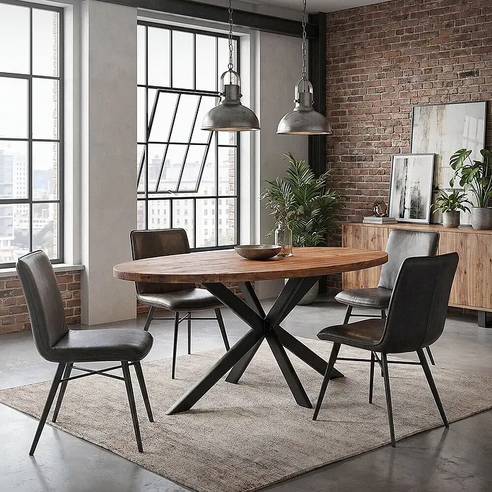 ML-Design Tischgestell Tischfüße X-Form Tischkufen aus Stahl Möbelfüße 120x78x71,5 cm Oval - L x B x H: 120 x 78 x 71,5 cm, Traglast: 500 kg, Stahl - Ovaler Esstisch aus Holz mit schwarzem Sternfuß und vier dunkelgrauen Lederstühlen auf einem Teppich im Esszimmer.