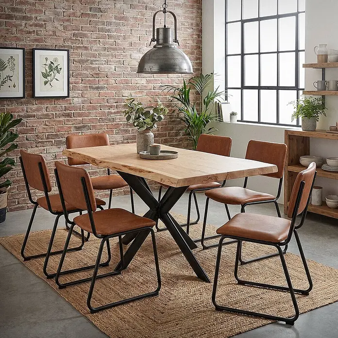 ML-Design Tischgestell Tischfüße X-Form Tischkufen aus Stahl Möbelfüße 120x78x71,5 cm Flach - L x B x H: 120 x 78 x 71,5 cm, Traglast: 500 kg, Stahl - Modernes Esszimmer-Set: heller Echtholz-Tisch mit schwarzen X-Beinen, sechs braune Kunstleder-Stühle mit schwarzen Rahmen, auf Jute-Teppich.