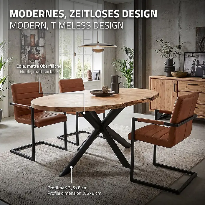 ML-Design Tischgestell Tischfüße X-Form Tischkufen aus Stahl Möbelfüße 120x78x71,5 cm Flach - L x B x H: 120 x 78 x 71,5 cm, Traglast: 500 kg, Stahl - Ovaler Esstisch aus Holz mit schwarzem Metallgestell und braunen Lederstühlen in einem Esszimmer.