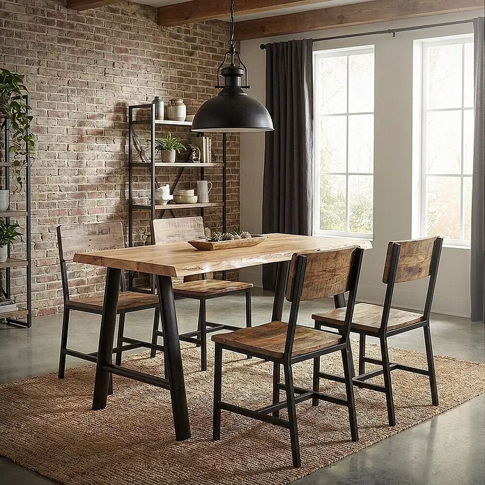 ML-Design Tischgestell Tischbeine Metall Schwarz 2er Set Tischgestell Outdoor wetterfest - L x B x H: 60 x 8 x 72 cm, Traglast: 300 kg, Stahl - Esstisch mit Naturholzplatte mit Baumkante und schwarzen Metallbeinen, dazu vier passende Stühle mit Holzsitzen und schwarzen Metallgestellen.
