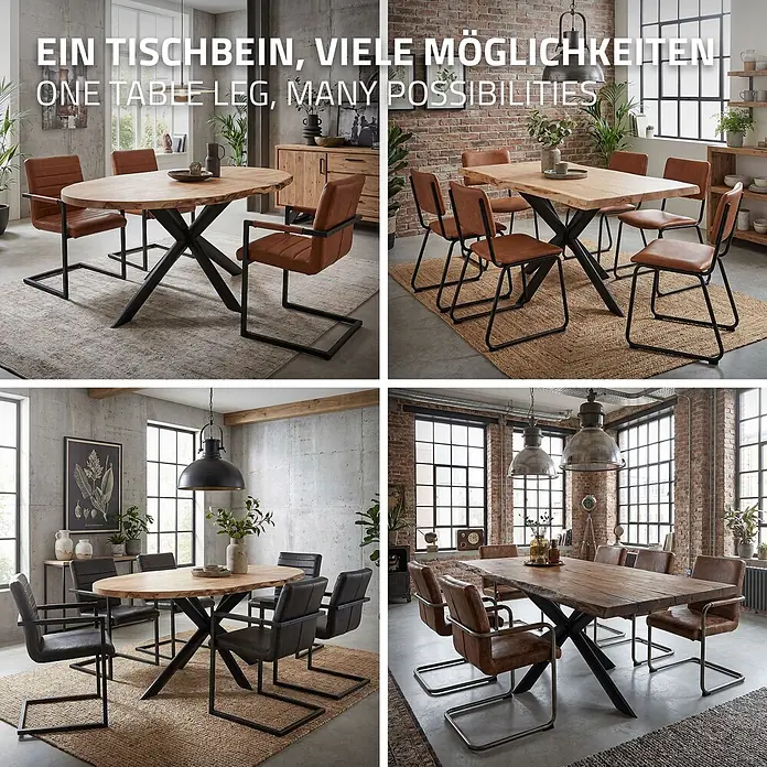 ML-Design Tischgestell Tischfüße X-Form Tischkufen aus Stahl Möbelfüße 120x78x71,5 cm Flach - L x B x H: 120 x 78 x 71,5 cm, Traglast: 500 kg, Stahl - Esstische mit Holzplatten und sternförmigen schwarzen Metallbeinen, in verschiedenen Umgebungen mit passenden Polsterstühlen.