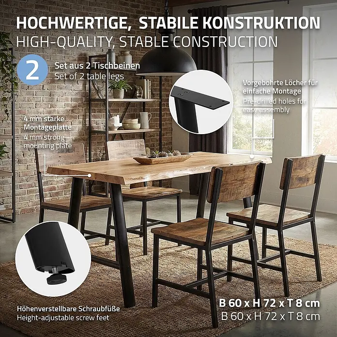 ML-Design Tischgestell Tischbeine Metall Schwarz 2er Set Tischgestell Outdoor wetterfest - L x B x H: 60 x 8 x 72 cm, Traglast: 300 kg, Stahl - Schwarze Metalltischbeine mit rustikaler Holzplatte in Esszimmerumgebung, mit höhenverstellbaren Füßen.