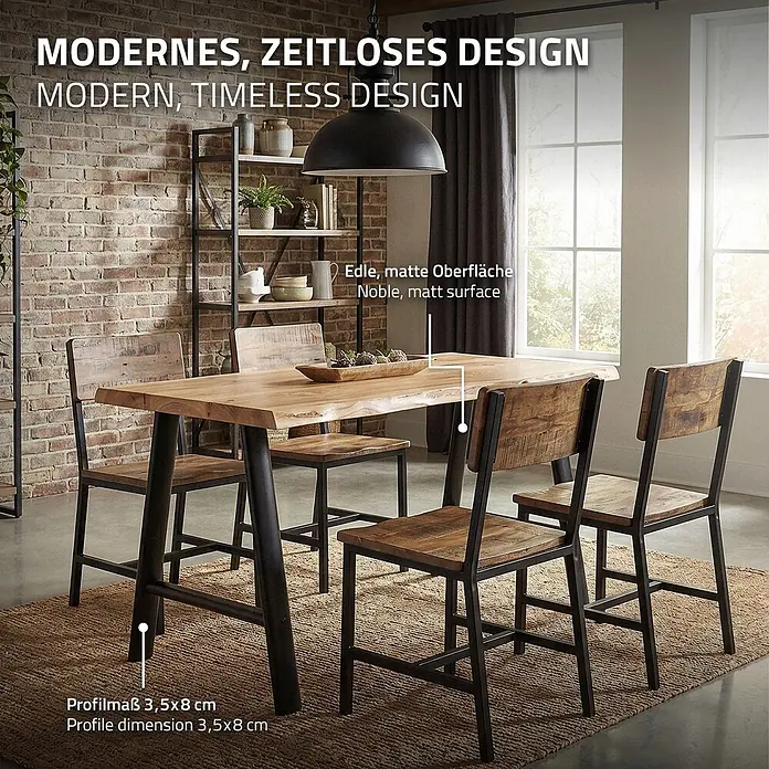ML-Design Tischgestell Tischbeine Metall Schwarz 2er Set Tischgestell Outdoor wetterfest - L x B x H: 60 x 8 x 72 cm, Traglast: 300 kg, Stahl - Modernes, zeitloses Esszimmer-Set: Holztisch mit edler matter Oberfläche, schwarzen Metallbeinen und vier Stühlen im Raum.