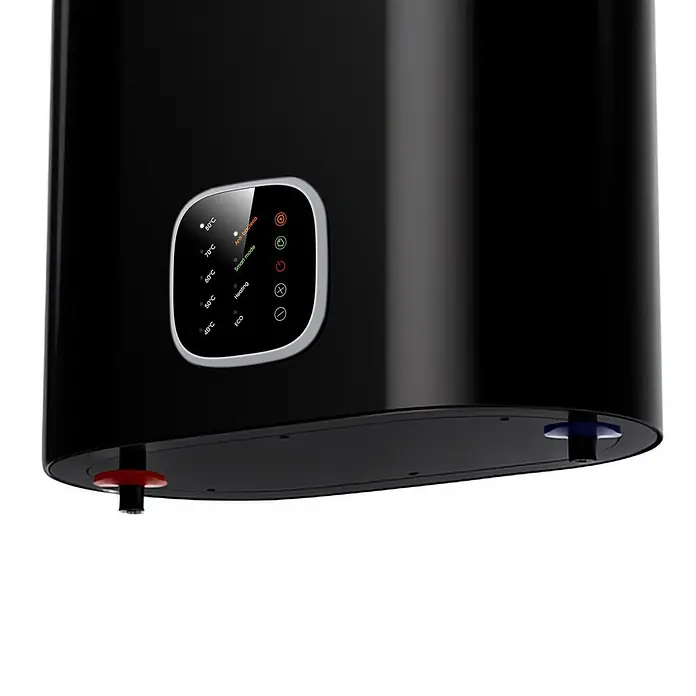 Sannover Warmwasserspeicher - 100 l, 1.800 W, Temperaturbereich: 40 °C - 80 °C, Wandmontage - Schwarzer zylindrischer Warmwasserbereiter mit digitalem Bedienfeld für Temperatureinstellungen und Modi, sowie roten/blauen Rohren unten.