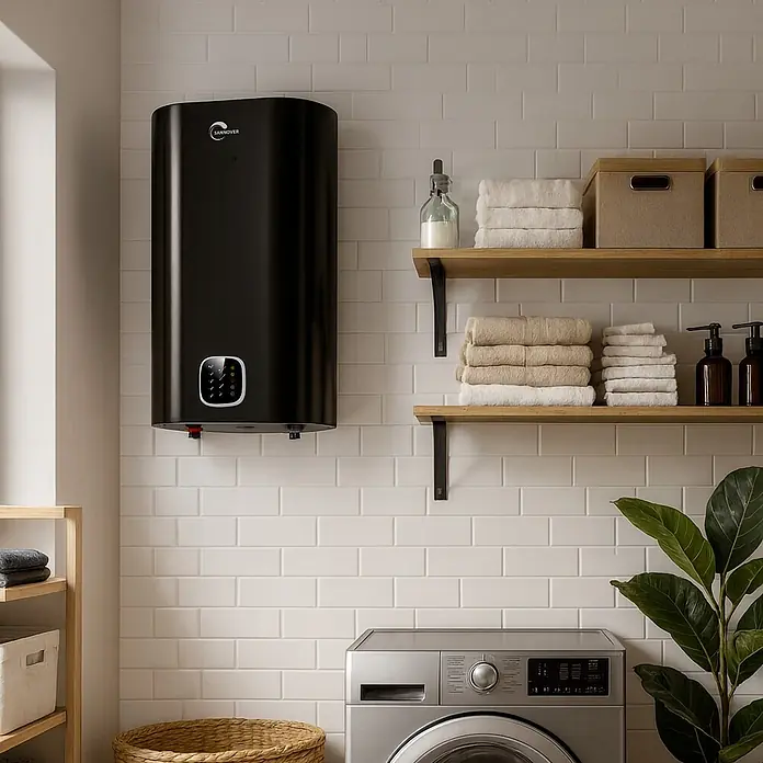 Sannover Warmwasserspeicher - 100 l, 1.800 W, Temperaturbereich: 40 °C - 80 °C, Wandmontage - Schwarzer Wandwasserspeicher mit Digitalanzeige in modernem Waschraum.