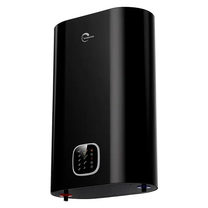 Sannover Warmwasserspeicher - 100 l, 1.800 W, Temperaturbereich: 40 °C - 80 °C, Wandmontage - Schwarzer, rechteckiger Sannover Warmwasserbereiter mit digitalem Bedienfeld für Temperatureinstellungen und Modi.