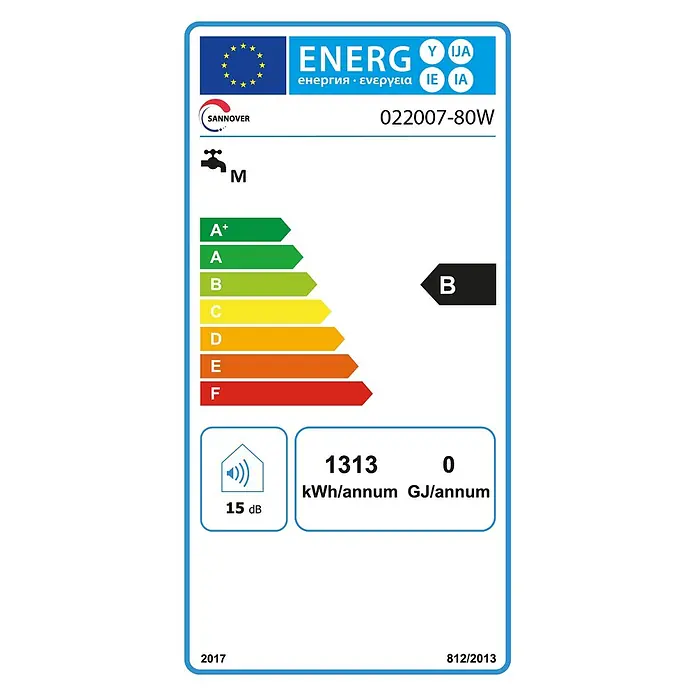 Sannover Warmwasserspeicher - 80 l, 1.800 W, Temperaturbereich: 40 °C - 80 °C, Wandmontage - EU-Energielabel für einen Sannover Warmwasserbereiter, zeigt Energieeffizienzklasse B, 15 dB Geräuschpegel und 1313 kWh/Jahr Verbrauch.