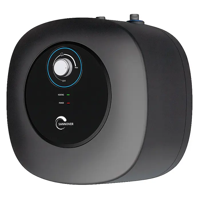 Sannover Warmwasserspeicher - 10 l, 1.500 W, Untertischmontage - Kompakter schwarzer Elektro-Warmwasserbereiter mit Temperaturregler, Anzeigen und oberen Anschlüssen.