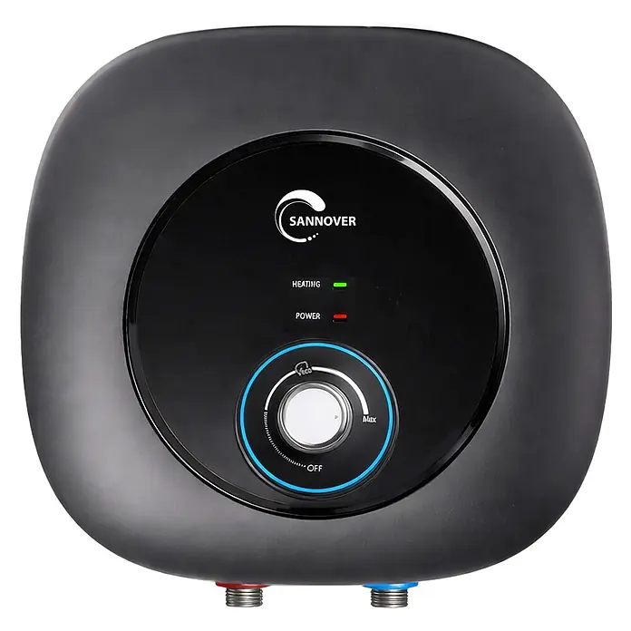 Sannover Warmwasserspeicher - 30 l, 1.500 W, Obertischmontage - Schwarzer Sannover Elektro-Warmwasserbereiter mit Bedienfeld, Heiz-/Betriebsanzeigen und Drehregler für die Temperatur.