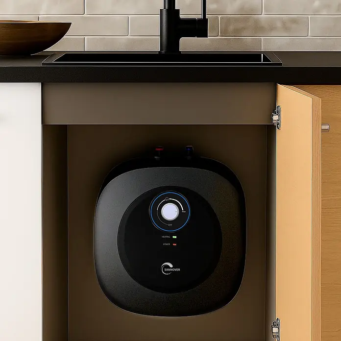 Sannover Warmwasserspeicher - 10 l, 1.500 W, Untertischmontage - Kompakter schwarzer Mini-Warmwasserbereiter unter einer Küchenspüle, mit zentralem Bedienknopf, Anzeigen und roten/blauen Anschlüssen.