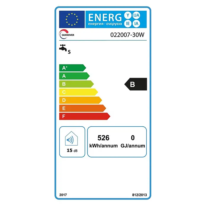 Sannover Warmwasserspeicher - 30 l, 1.800 W, Temperaturbereich: 40 °C - 80 °C, Wandmontage - SANNOVER Energielabel B, 526 kWh/Jahr, 15 dB, Modell 022007-30W.