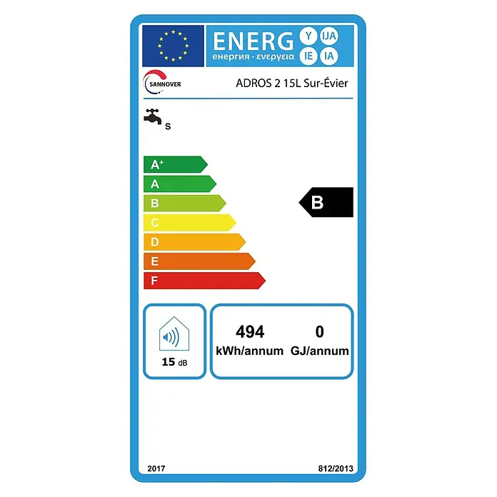 Sannover Warmwasserspeicher - 15 l, 1.500 W, Obertischmontage - Energielabel für Sannover ADROS 2 15L Sur-Évier Warmwasserbereiter, Klasse B, 494 kWh/Jahr, 15 dB Lärm.