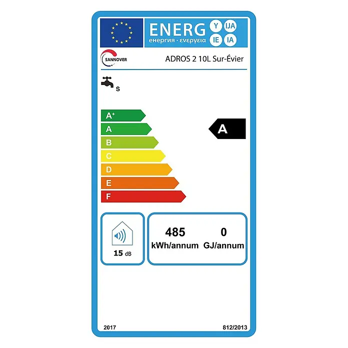 Sannover Warmwasserspeicher - 10 l, 1.500 W, Obertischmontage - Energielabel für SANNOVER ADROS 2 10L Sur-Évier. Klasse A, 485 kWh/Jahr, 15 dB.