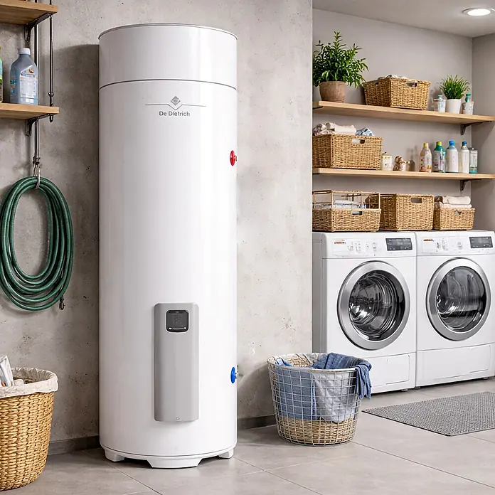 De Dietrich Warmwasserspeicher - 250 l, 1.800 W - Großer weißer zylindrischer Warmwasserspeicher mit grauem Bedienfeld, stehend in einem Waschraum.