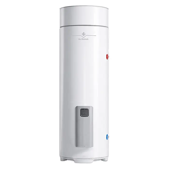 De Dietrich Warmwasserspeicher - 250 l, 1.800 W - Weißer zylindrischer De Dietrich Warmwasserspeicher mit grauem Bedienfeld und sichtbaren roten und blauen Anschlüssen.
