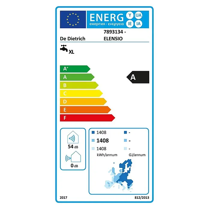 De Dietrich Warmwasserspeicher - 250 l, 1.800 W - De Dietrich ELENSIO XL Energielabel, Klasse A, 54 dB, mit Warmwasser-Effizienz und Verbrauchsangaben.