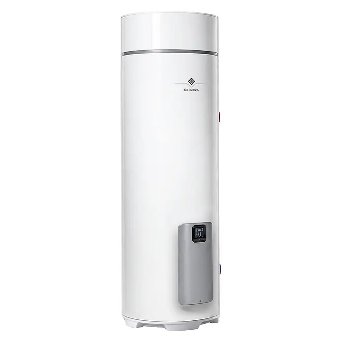 De Dietrich Warmwasserspeicher - 250 l, 1.800 W - Weißer zylindrischer Warmwasserspeicher mit grauem Bedienfeld und Digitalanzeige.