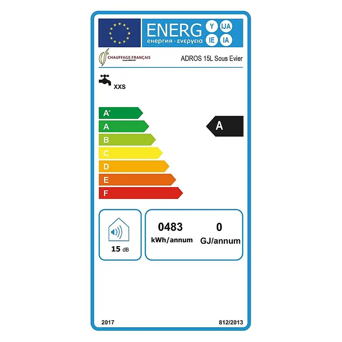 Sannover Warmwasserspeicher ADROS 15L unter der Spüle - 15 l, 1.500 W, Wandmontage - Energielabel für CHAUFFAGE FRANÇAIS ADROS 15L Untertisch-Warmwasserbereiter, Energieeffizienzklasse A, XXS-profil, 483 kWh/Jahr.