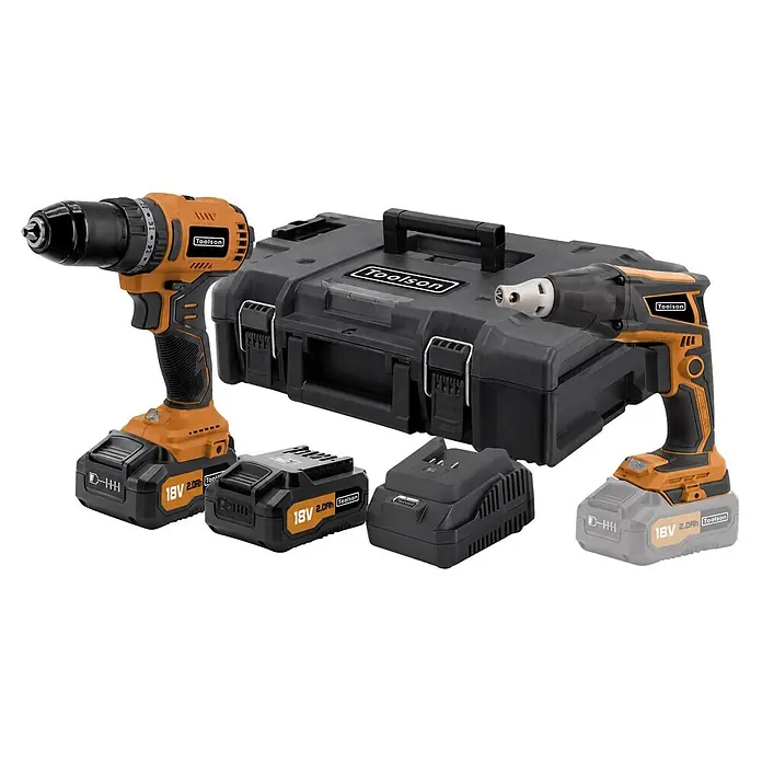 Toolson PRO Juego de máquinas - 18 V, 2 baterías, 2 Ah, 6 pzs. - Kit Toolson 18V con dos herramientas negras y doradas, maletín rígido, dos baterías de 2.0Ah y un cargador.