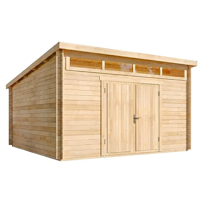 Alpholz Gartenhaus Maria Viva 28mm Wandstärke - Außenmaß inkl. Dachüberstand (B x T): 420 x 440 cm, Holz, Naturbelassen - Heller Holzgeräteschuppen mit Doppeltür und Oberlichtfenstern.