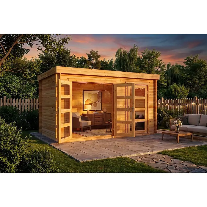 Alpholz Gartenhaus ECO Set Paloma Grande 28mm Wandstärke - Außenmaß inkl. Dachüberstand (B x T): 398 x 230 cm, Holz, Naturbelassen - Helles Holz Gartenhaus mit Glastüren, das ein gemütliches Interieur und eine Außenterrasse mit Möbeln bei Sonnenuntergang zeigt.