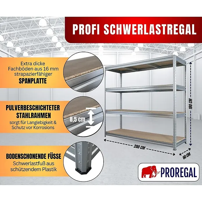 Schwerlastregal DINO | HxBxT 180x200x60cm | 4 Spanplatten-Ebenen 16mm | Fachlast 500kg | Verzinkt -  - Silbernes Schwerlastregal mit vier Holzfaserplatten-Böden, 180x200x60 cm. Pulverbeschichteter Stahlrahmen und Kunststofffüße.