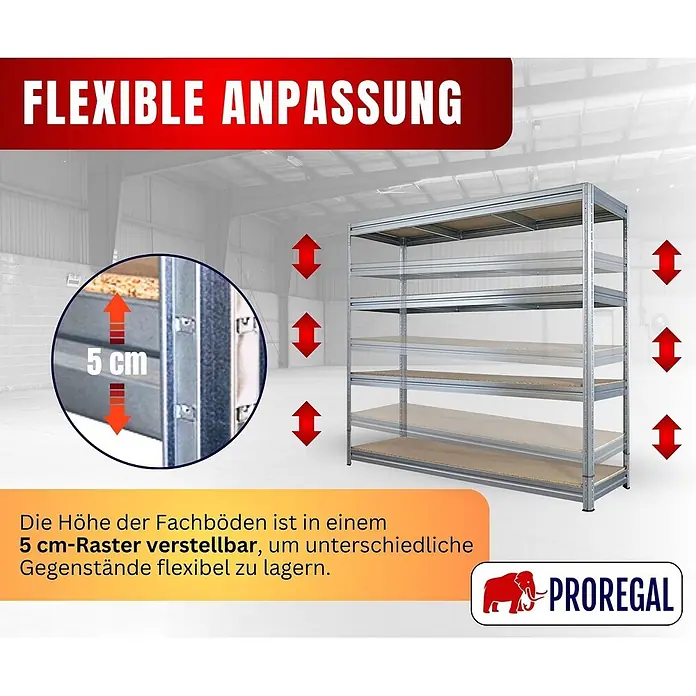 Schwerlastregal DINO | HxBxT 180x200x60cm | 4 Spanplatten-Ebenen 16mm | Fachlast 500kg | Verzinkt -  - Metallregal mit Holzfachböden, höhenverstellbar in 5 cm-Schritten für flexible Lagerung verschiedener Gegenstände.