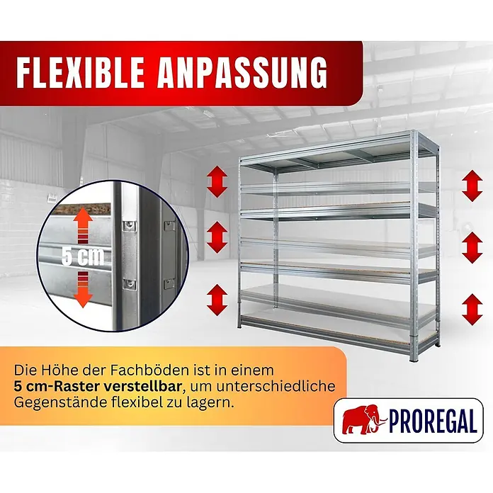 Schwerlastregal DINO | HxBxT 180x200x60cm | 4 Melamin-Ebenen 16mm | Fachlast 500kg | Verzinkt -  - Metallregal mit Fachböden, die im 5 cm-Raster verstellbar sind, für flexible Lagerung verschiedener Gegenstände.