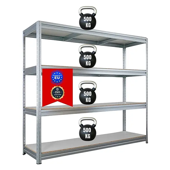 Schwerlastregal DINO | HxBxT 180x200x60cm | 4 Melamin-Ebenen 16mm | Fachlast 500kg | Verzinkt -  - Robustes Metallregal mit 4 Böden, jeder trägt einen 500-kg-Kettlebell, was die hohe Tragfähigkeit unterstreicht.