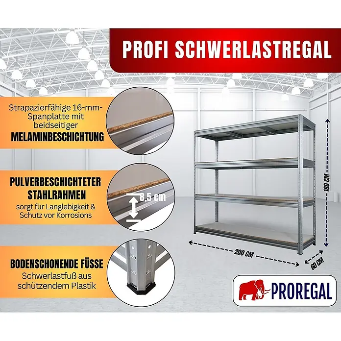 Schwerlastregal DINO | HxBxT 180x200x60cm | 4 Melamin-Ebenen 16mm | Fachlast 500kg | Verzinkt -  - Profi Schwerlastregal mit pulverbeschichtetem Stahlrahmen, 16mm Melamin-Spanplatten und bodenschonenden Füßen. Maße: 180x200x60 cm.