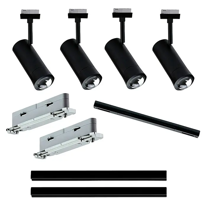 Paulmann URail Set básico Zigbee negro alimentación central - 9 ud. - Conjunto de focos de riel cilíndricos negros, conectores gris plata y rieles de pista lineales negros para sistemas de iluminación de techo.