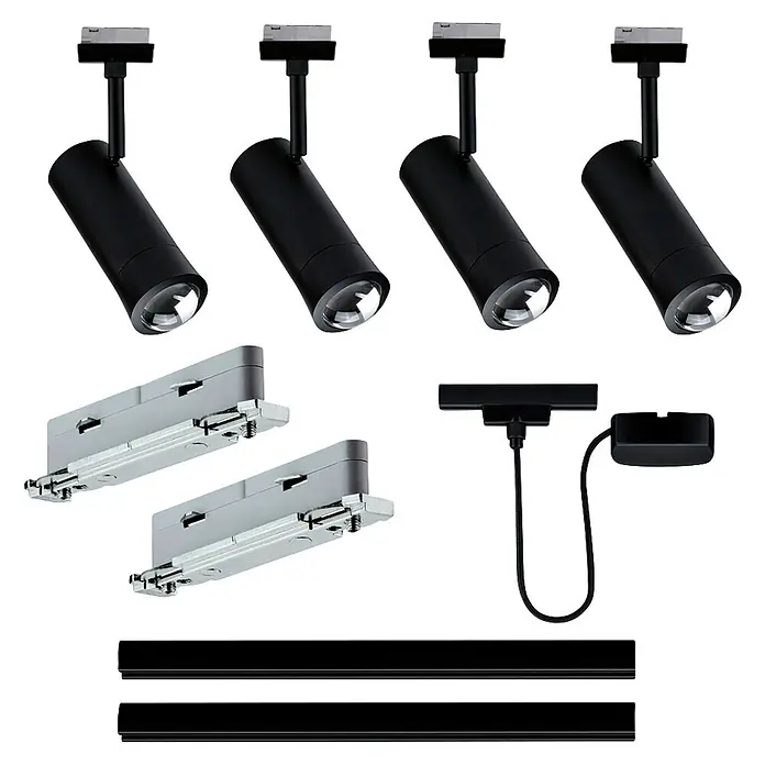 Paulmann URail Set básico Zigbee negro - 9 ud. - Surtido de componentes de iluminación de riel negros: focos, conector de corriente, rieles y adaptadores plateados.