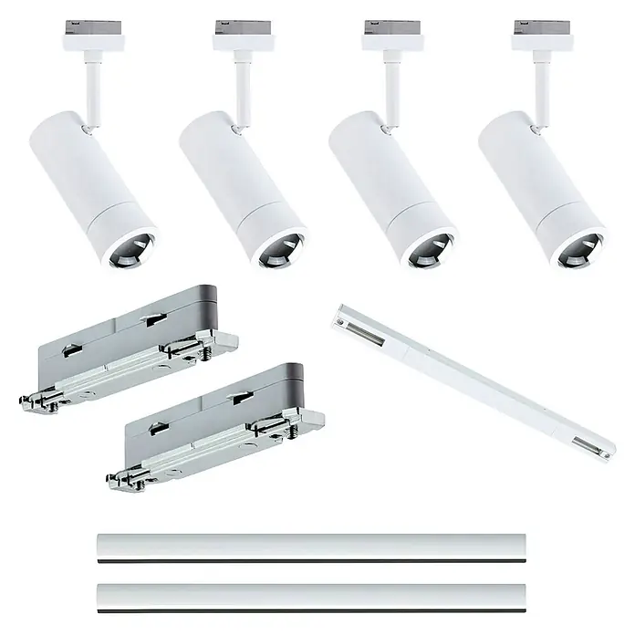Paulmann URail Set básico Zigbee blanco alimentación central - 9 ud. - Focos LED blancos de carril, conectores grises y rieles blancos para iluminación modular.