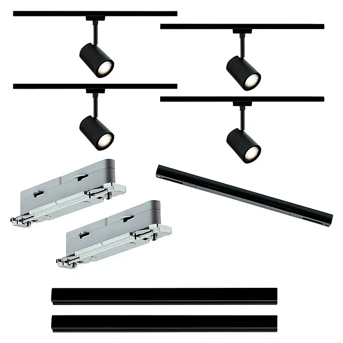 Paulmann URail Set básico Luxe negro alimentación central - 9 ud. - Componentes de iluminación de carril negros: focos, carriles y unidades de montaje plateadas.