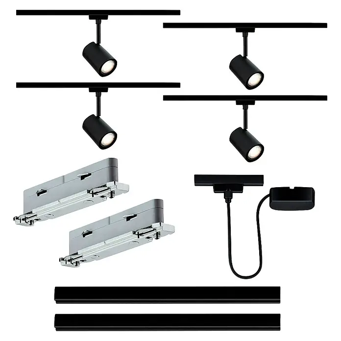 Paulmann URail Set básico Luxe negro - 9 ud. - Componentes negros de un sistema de iluminación de carril: carriles, focos, cajas de conexión y un conector de alimentación.