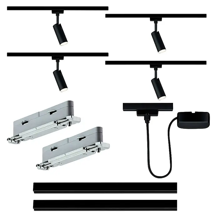 Paulmann URail Set básico Tubo - 9 ud. - Varios componentes negros de iluminación de riel: focos, adaptadores de corriente y secciones de riel para un sistema modular, y dos luminarias lineales grises.