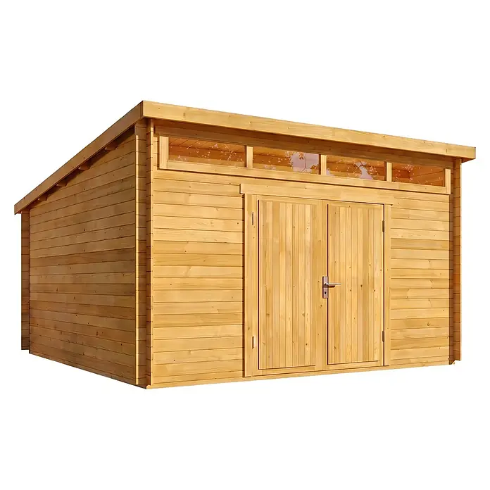 Alpholz Gartenhaus Maria Viva 28mm Wandstärke - Außenmaß inkl. Dachüberstand (B x T): 420 x 440 cm, Holz, Pinie - Heller Holzschuppen mit Doppeltüren, kleinen Fenstern darüber und schrägem Dach.